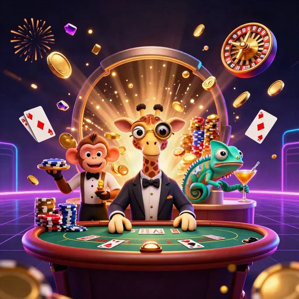 Luxury casino heroes celebrating amid coins, chips, cards, fireworks, and neon glow.