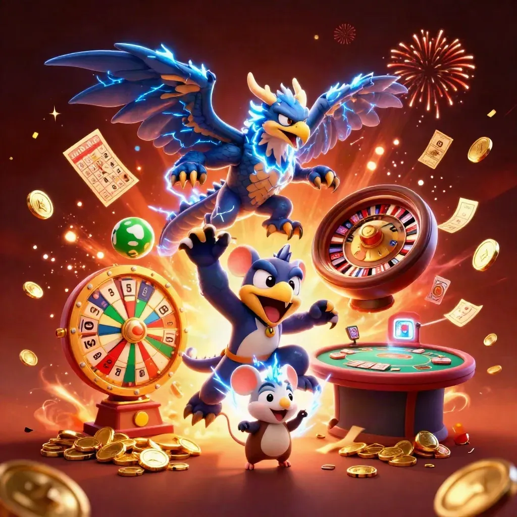 Thunder dragon, wind hawk and static mouse amid casino confetti, coins, fireworks and game icons.