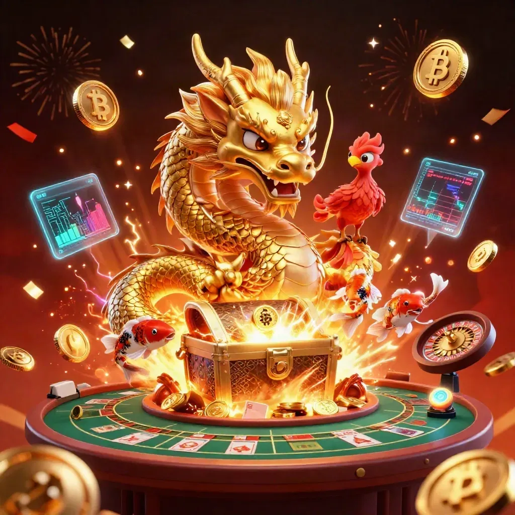Golden dragon, phoenix, koi, coins, roulette wheel, cards, and treasure bursting in a fiery casino scene.