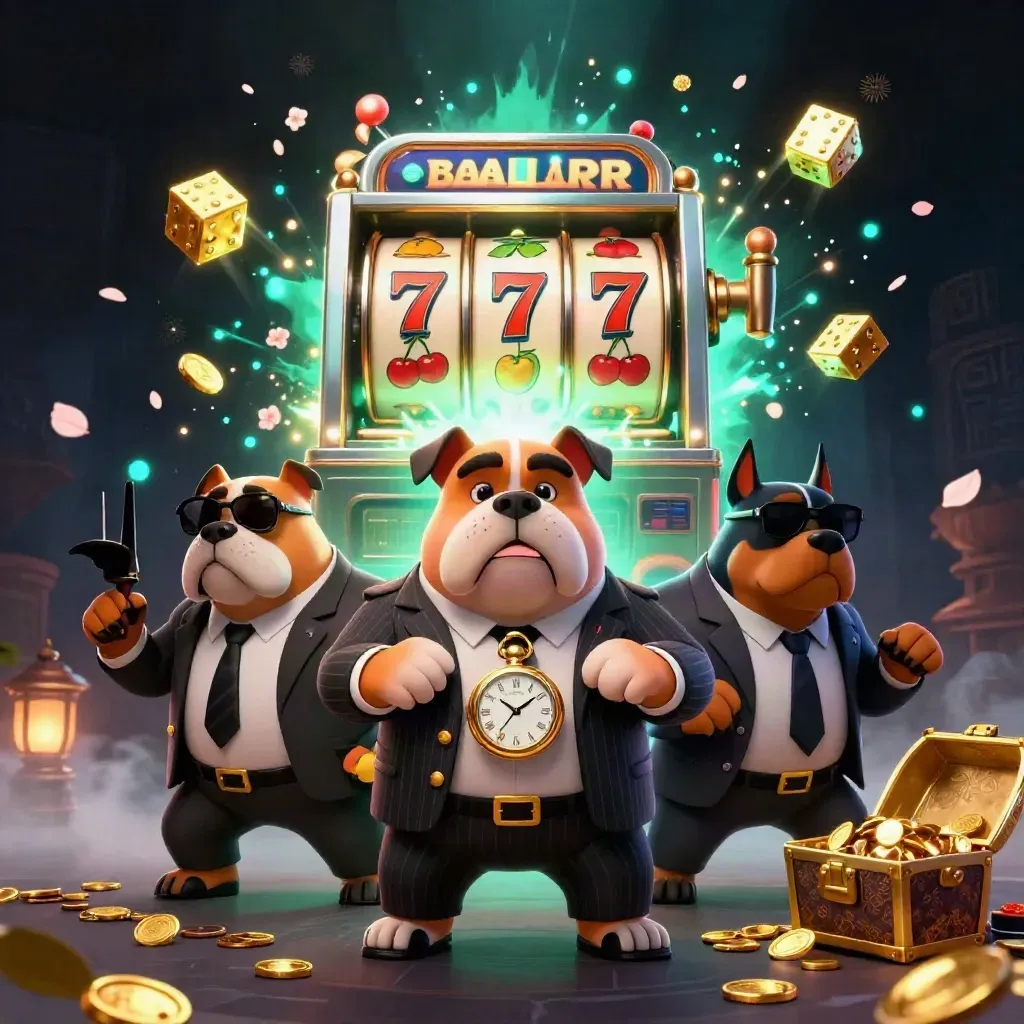 Bulldog boss and bodyguards amid bursting slot machine, gold dice, chest, and neon casino effects.