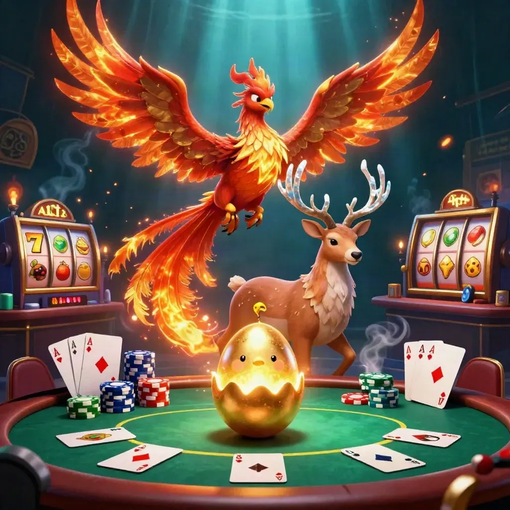 Phoenix, baby hatchling, and crystal-antler stag amid casino chips and glowing reels.
