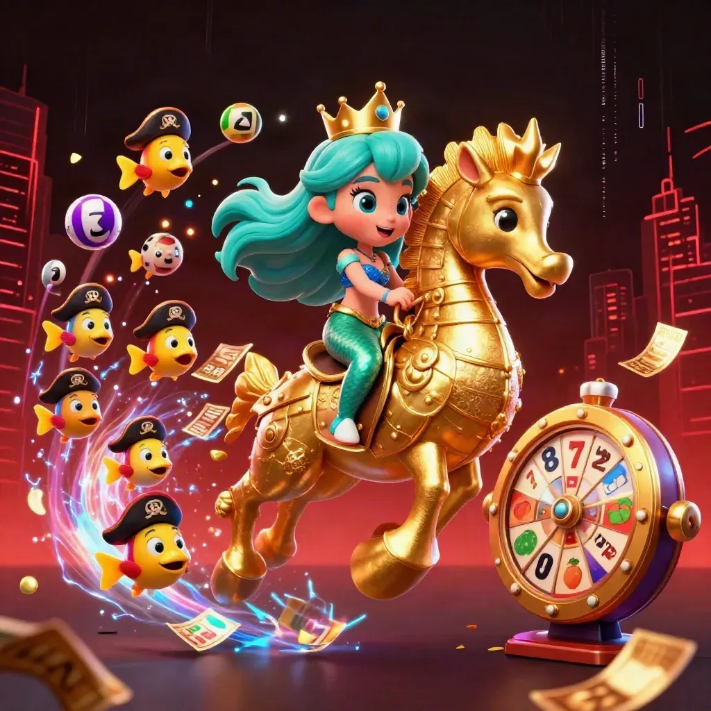 Mermaid princess on golden seahorse with pirate fish, lottery balls, reels, wheel and confetti.
