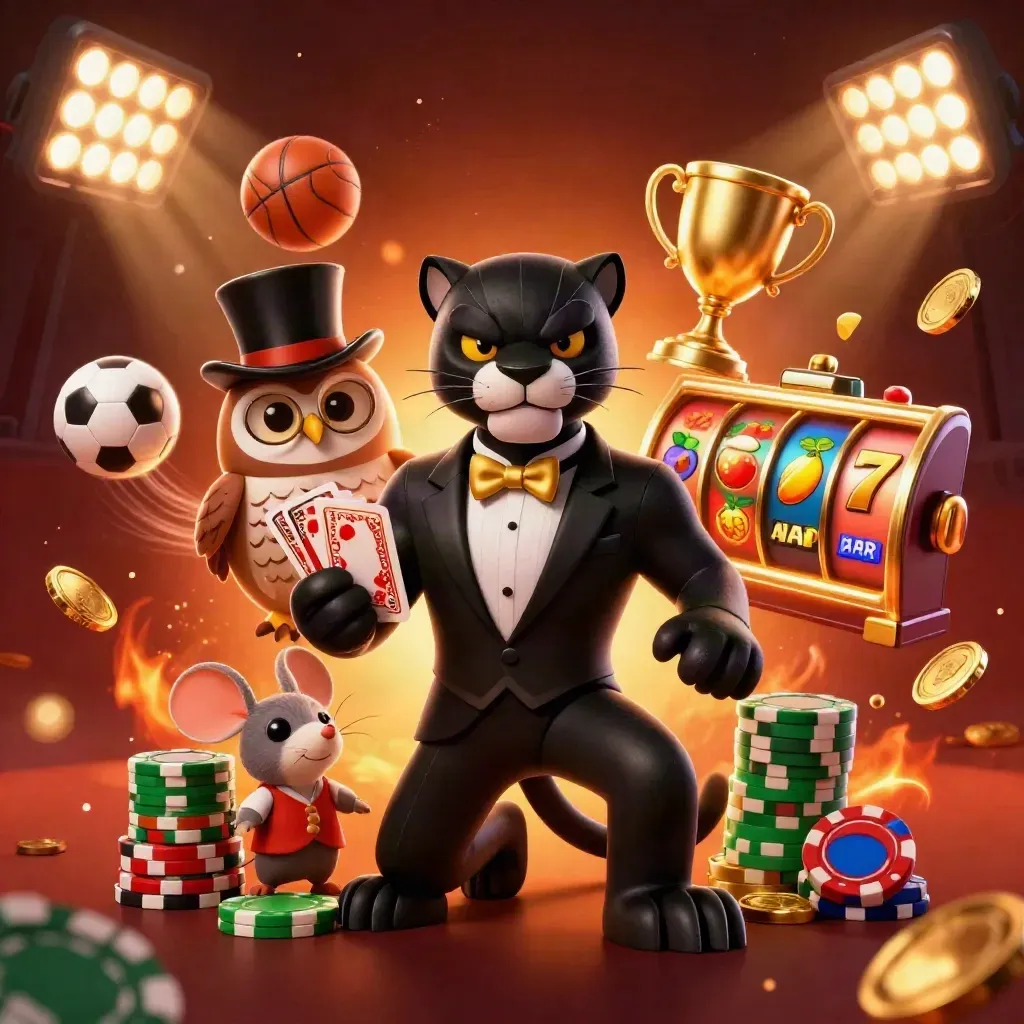 Black panther, owl, and mouse in tuxedo casino action with chips, balls, trophy, and glowing reels.