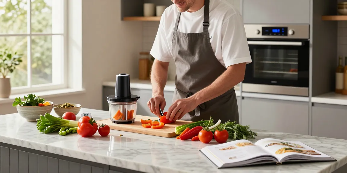 Home cook using smart kitchen gadgets to prepare dinner with vibrant fresh ingredients.