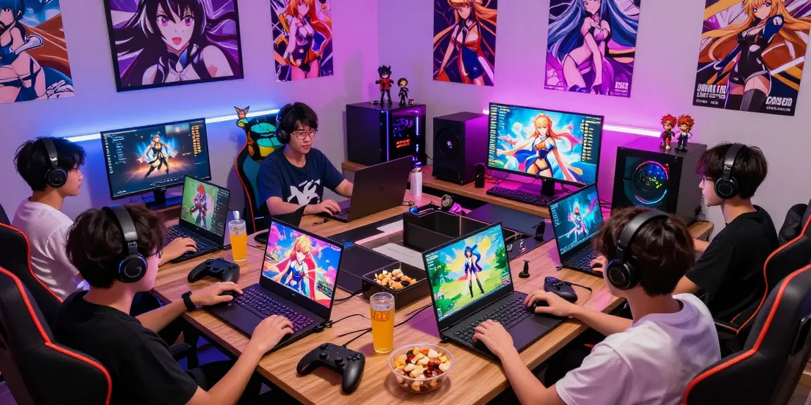 Hentai game players immersed in vibrant gaming scene with colorful graphics and engaging atmosphere.