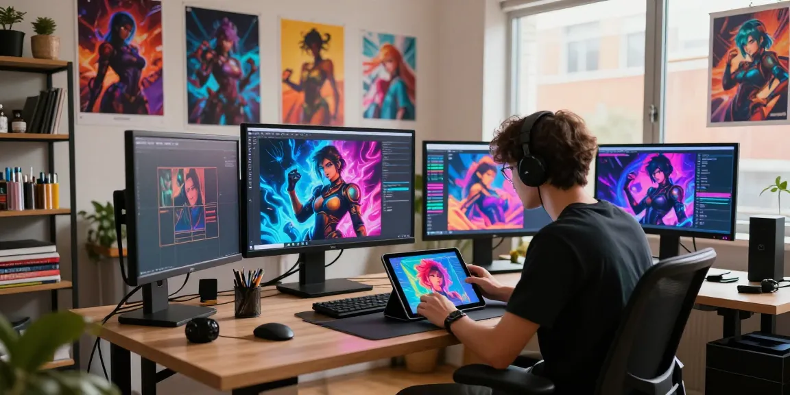 Creative artist designing NSFW AI characters in a vibrant digital studio.