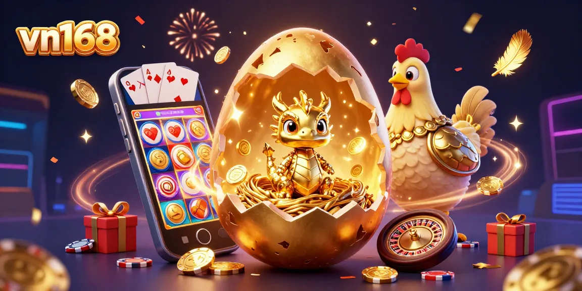 Experience thrilling gaming at vn168 with a golden dragon and poker chips surrounded by casino elements.