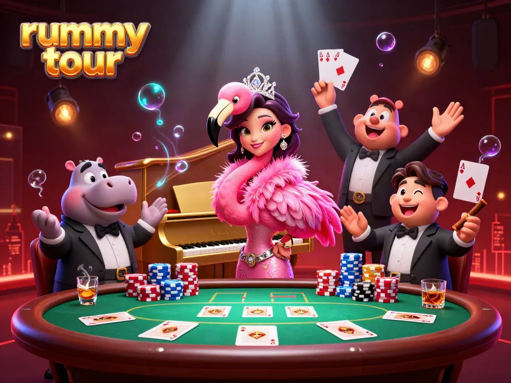 Gambaran rummy tour yang mempesona dengan karakter kartun kasino dalam suasana berkilau.