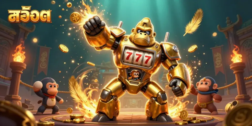 Experience thrilling สล็อต action with a golden gorilla mech and dynamic casino elements.