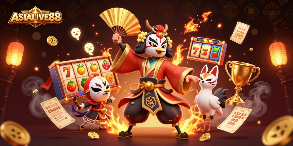 ASIALIVE88 showcases a kabuki warrior with slot elements in an immersive casino scene.