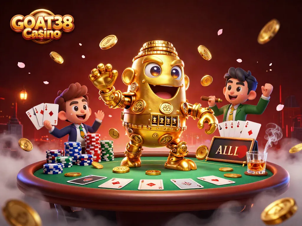 Experience the thrill at GOAT38 Casino with dynamic poker action and a golden golem centerpiece.