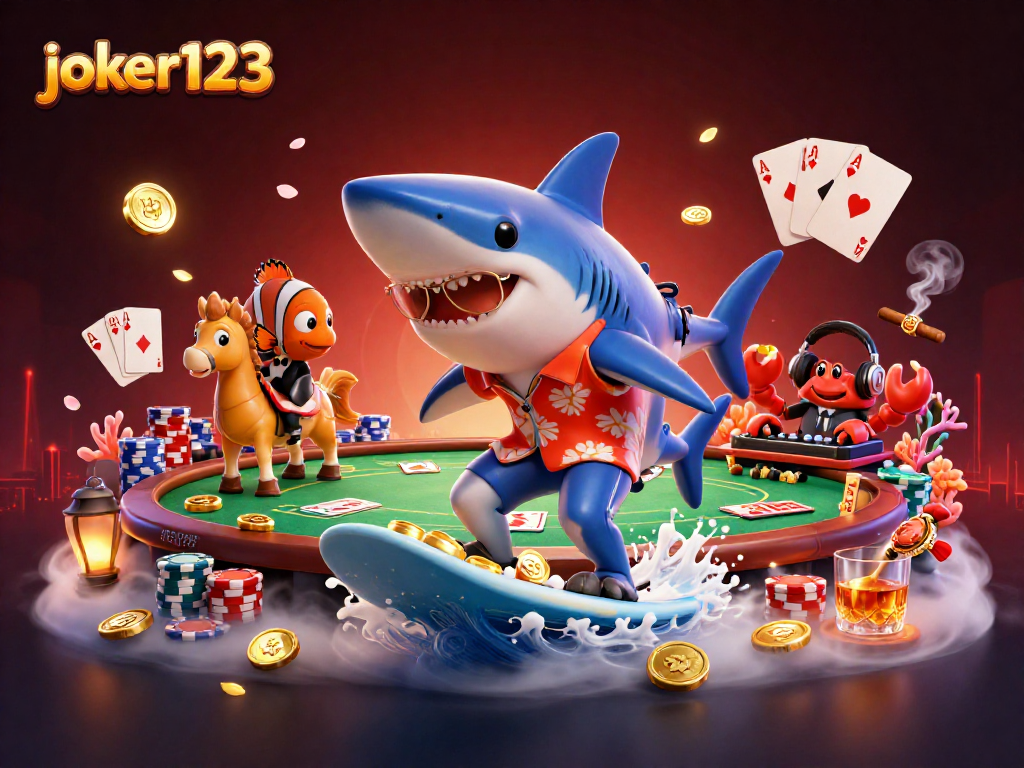 Gambar visualisasi joker123 yang menampilkan ikan hiu mengenakan kemeja Hawaii di tengah koin emas.