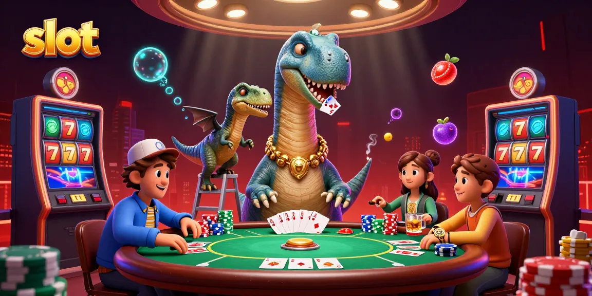 Slot gacor dengan brontosaurus 3D dan raptor yang membagikan kartu di meja poker.