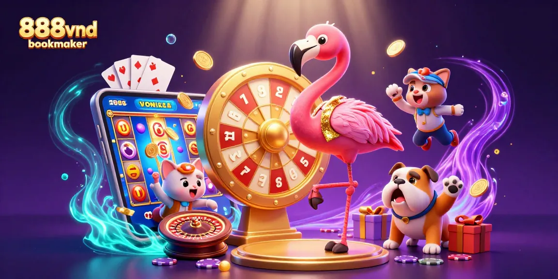 Engage with the excitement of 888vnd bookmaker, showcasing a 3D colorful casino scene full of games and prizes.