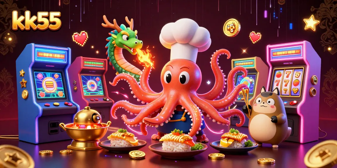 Engage with the dynamic kk55 casino scene featuring a cartoon octopus chef and gaming elements.