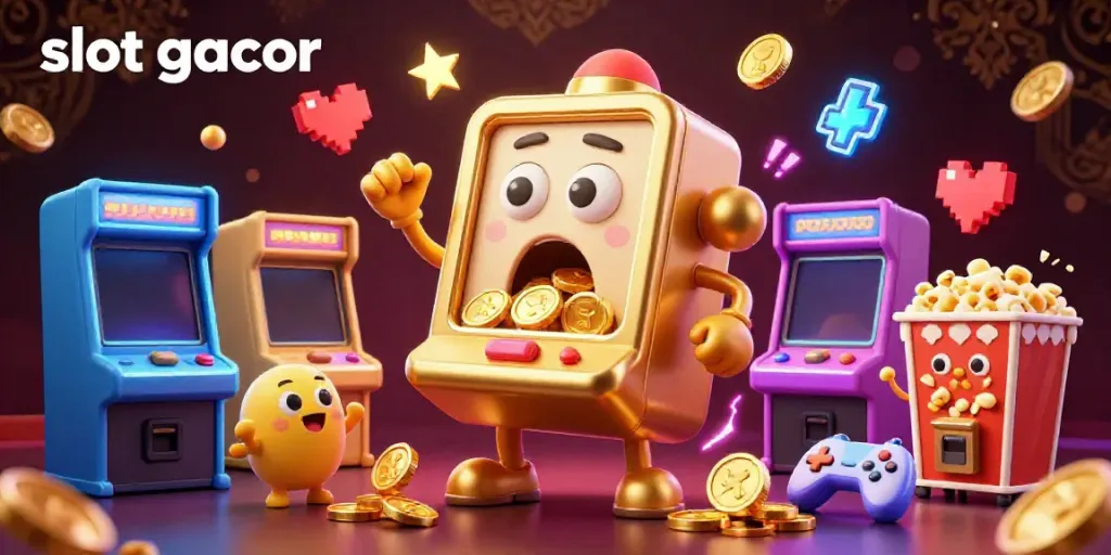 Experience the thrill with slot gacor as a golden slot machine hits a jackpot, celebrating with cheering companions.