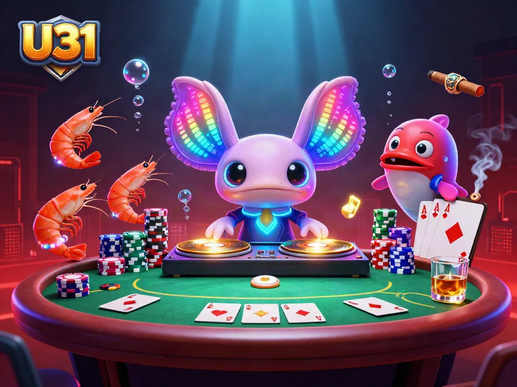 Experience U31's vibrant online casino atmosphere with a neon axolotl DJ and lively characters.
