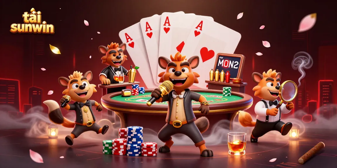 Engage with tải sunwin in a vibrant casino scene featuring hyenas and game elements.