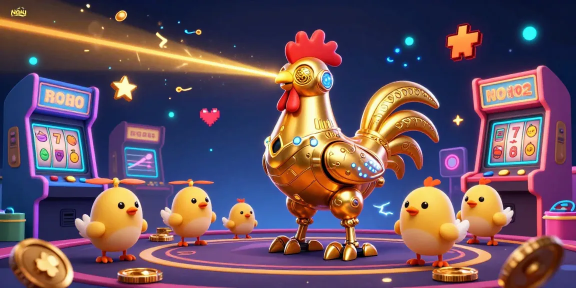 Engage with NOHU's dynamic gaming scene featuring a golden rooster robot and arcade elements.