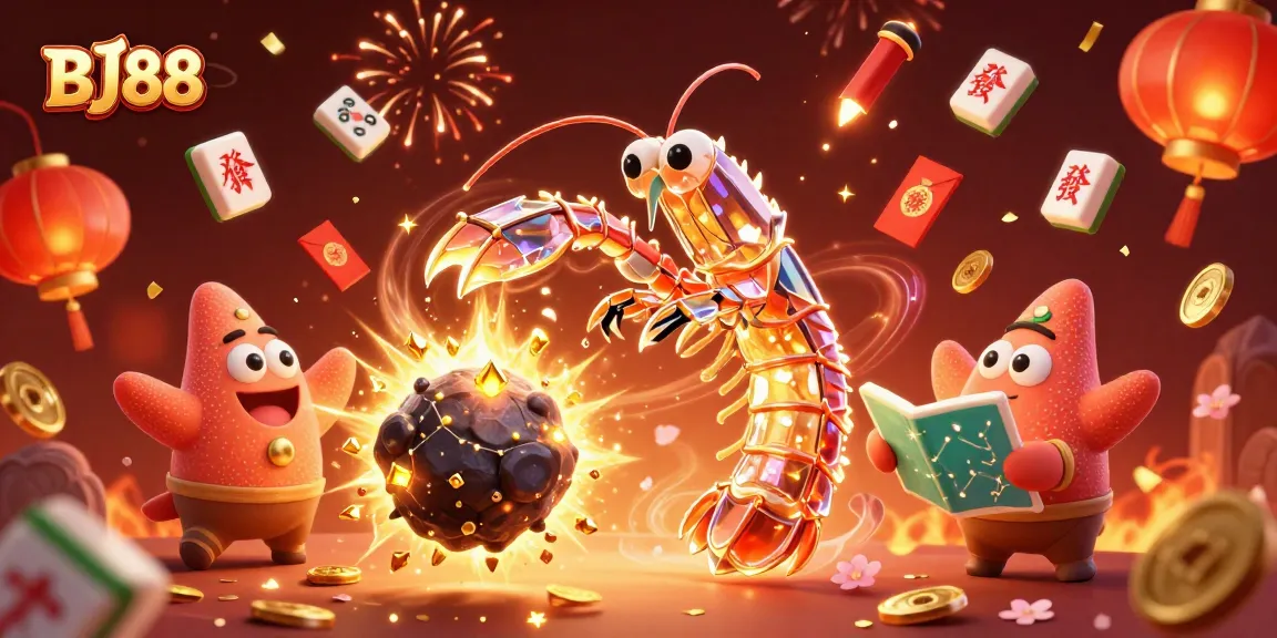 BJ88 Casino showcases a vibrant scene of a galactic samurai mantis shrimp amidst festive gaming elements.