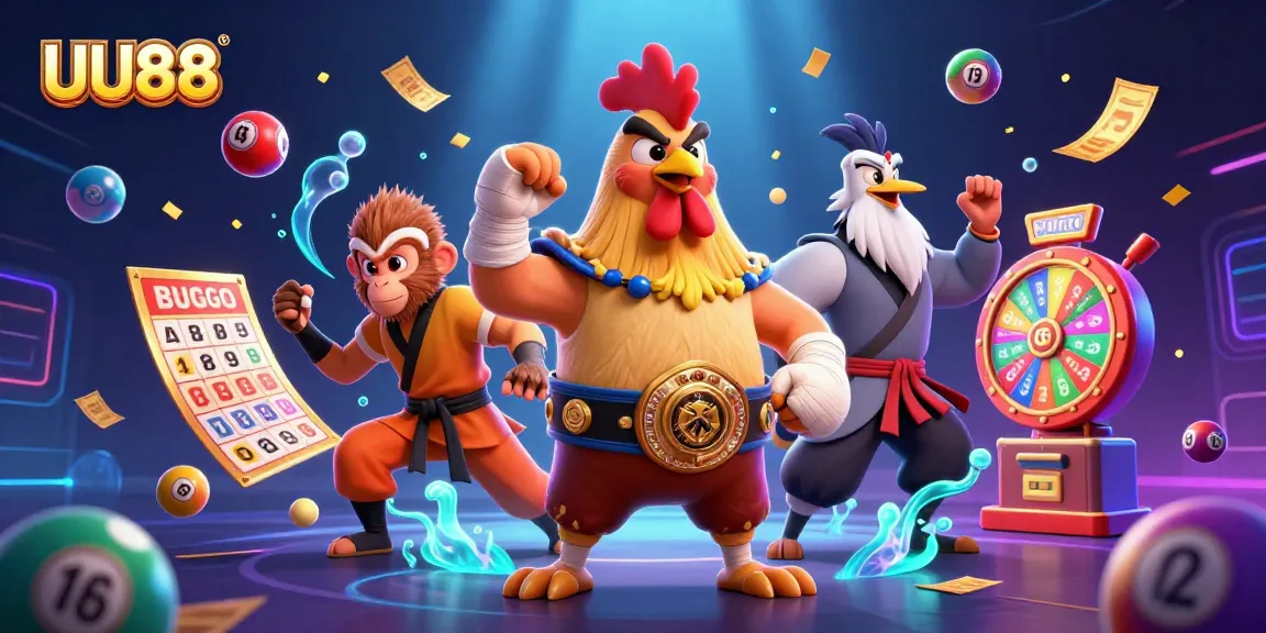 Engage in thrilling games with UU88's dynamic lottery features in vibrant illustrated scene.