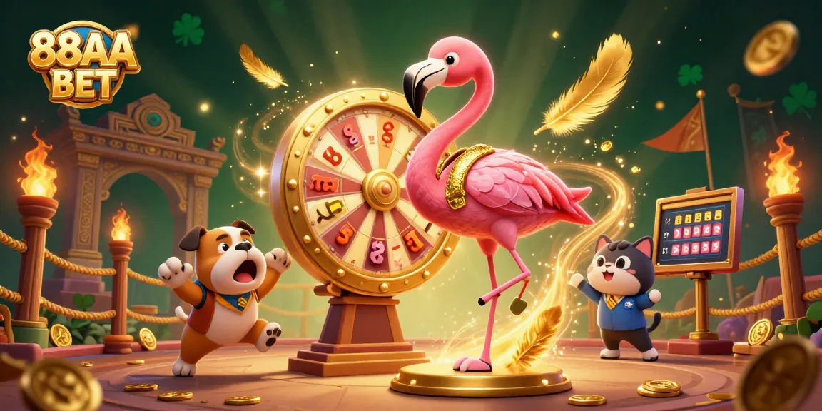 Engaging 88AA BET scene of casino action featuring cartoon flamingo, bulldog, and prizes.
