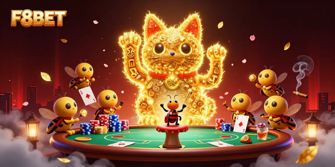 Experience winning moments at F8BET with a vibrant casino scene featuring a lucky cat and poker elements.
