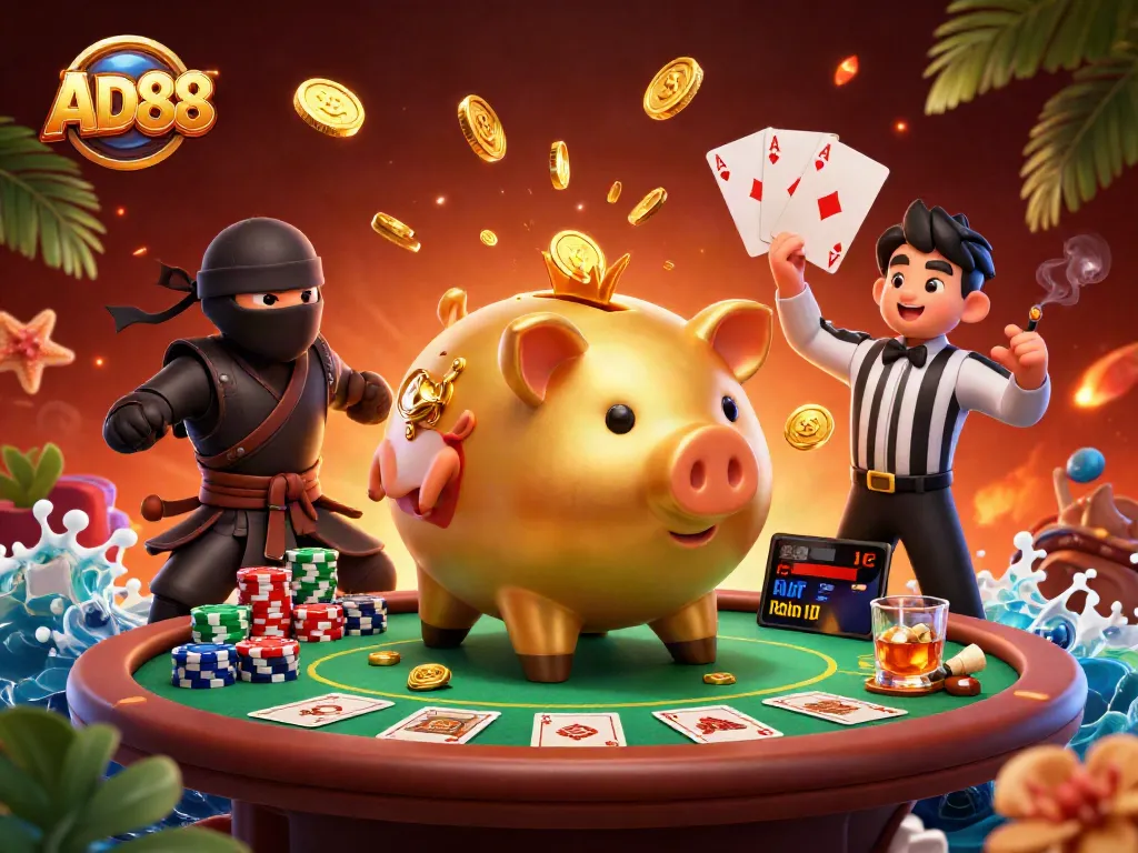 Engage in thrilling poker action at AD88 with dynamic characters and vibrant casino elements.