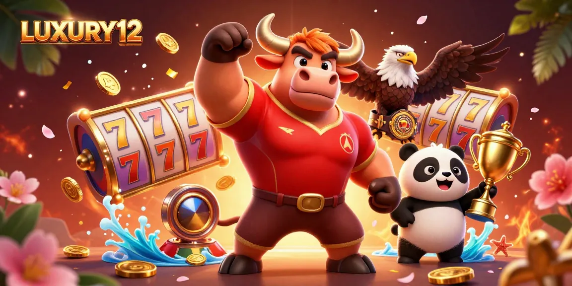 LUXURY12 showcases an exciting 3D casino scene with animated characters celebrating winnings and vibrant slot reels.