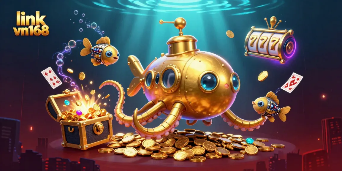 Experience thrilling wins at link vn168 with a golden kraken amidst underwater treasures and slot reels.