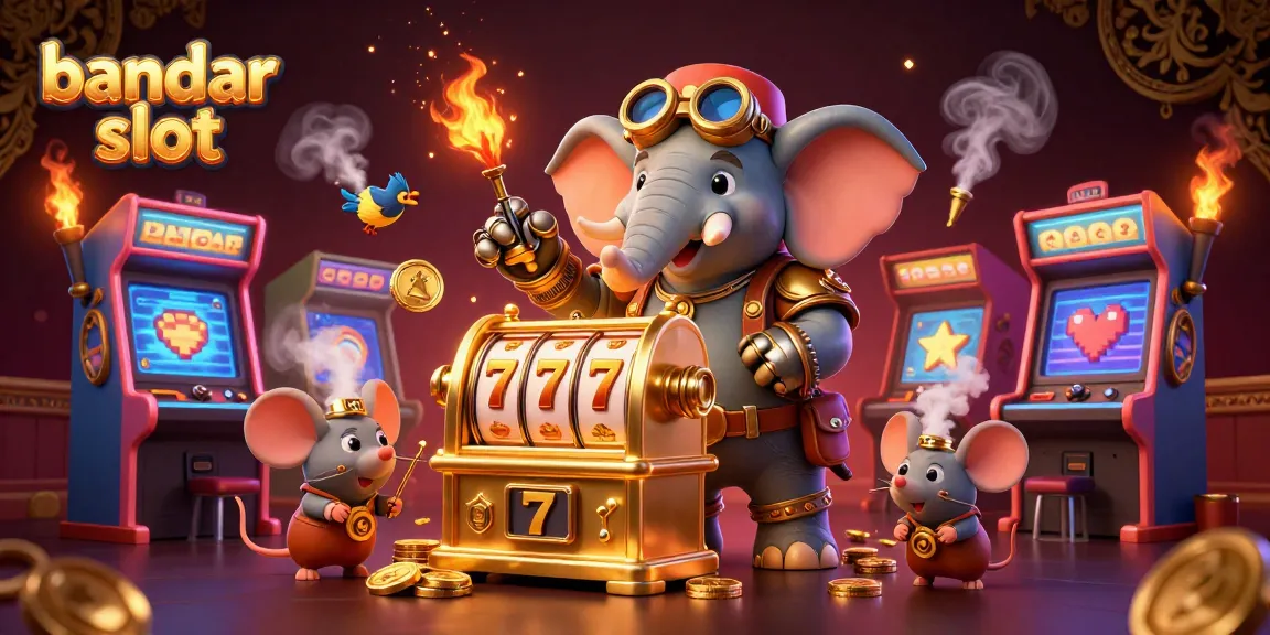 Bandar slot menyajikan ilusi 3D dengan gajah steampunk dan mesin slot emas bersinar yang kaya detail.