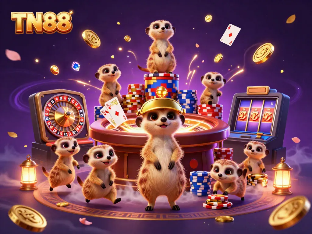 Experience the thrilling casino action at TN88 with cheerful meerkats, dazzling gems, and a vibrant atmosphere.