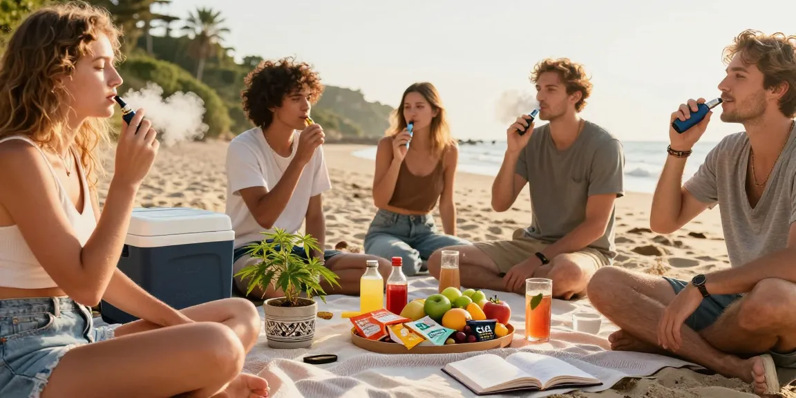 Legal vaping age in Cyprus shown with friends responsibly enjoying organic CBD products on the beach.