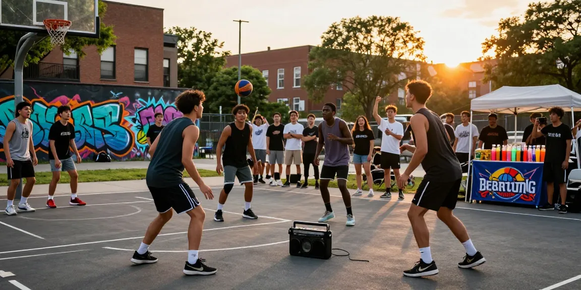 Group playing basketball in lively park scene, showcasing hit club community spirit.