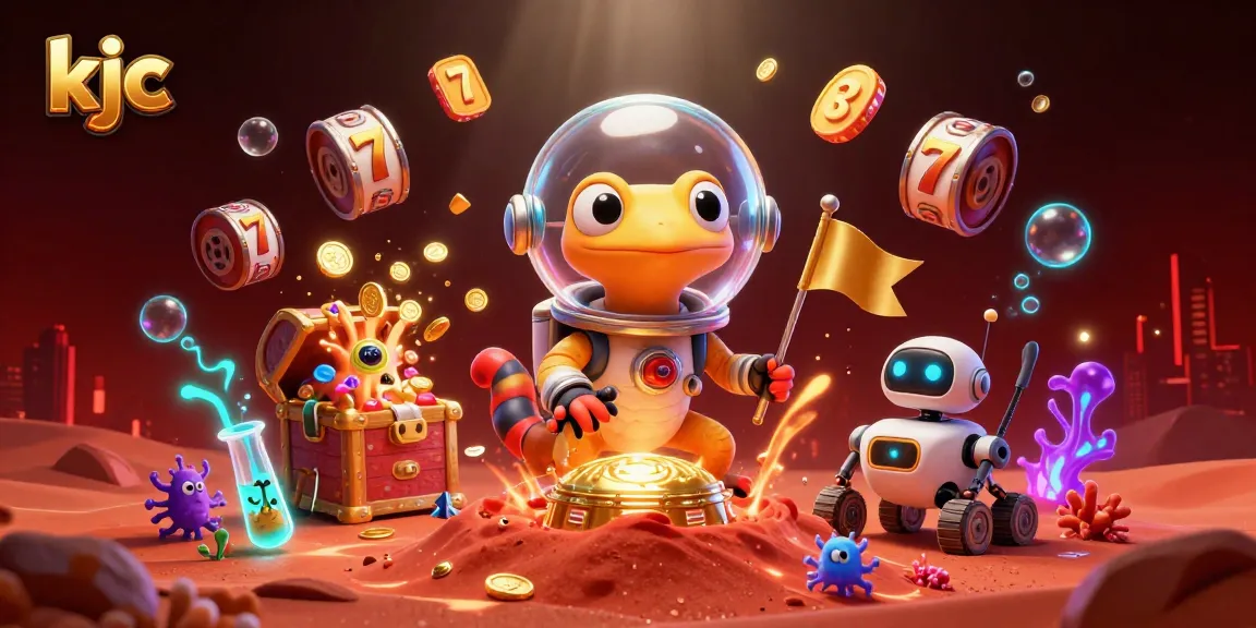 KJC showcases a vibrant 3D cartoon scene where a Martian gecko explores a hidden casino, rich in gold and exciting gambling elements.