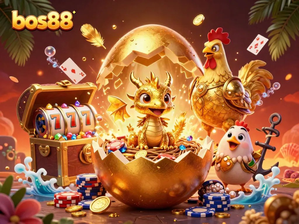 Engage with bos88 in a vibrant casino scene with golden dragon and poker elements for an exciting gaming experience.