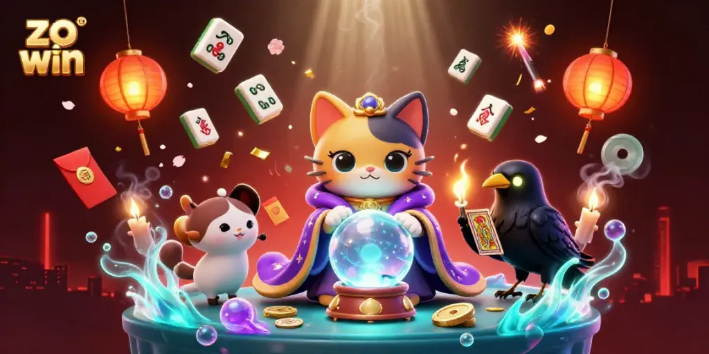 Play zo win at Zowin Casino featuring a mystical cat and a raven in an engaging gaming atmosphere.
