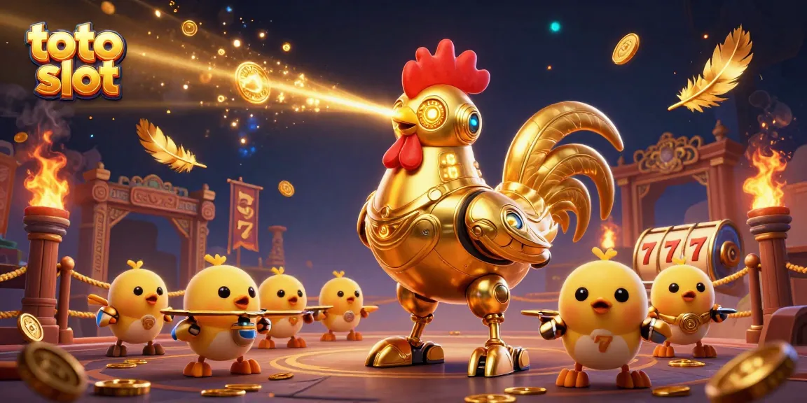 Engage with the exciting toto slot scene featuring a golden rooster robot and baby chick drones.