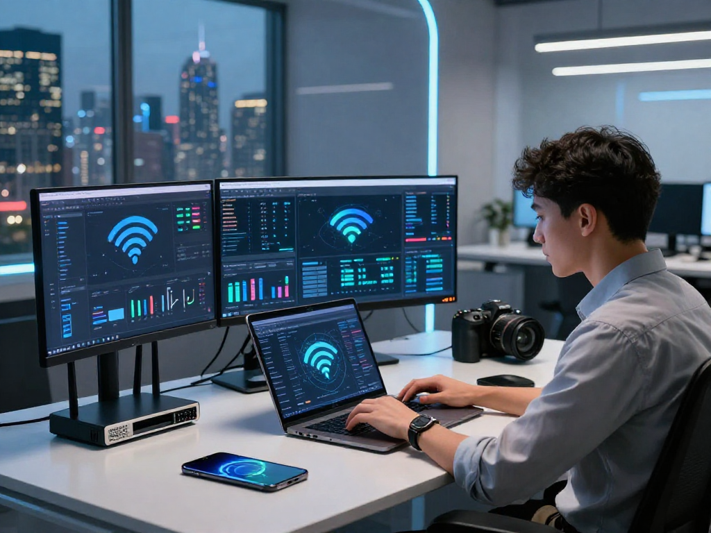 Ruang kerja modern dengan profesional muda mengatur wifi 4d untuk konektivitas terbaik.