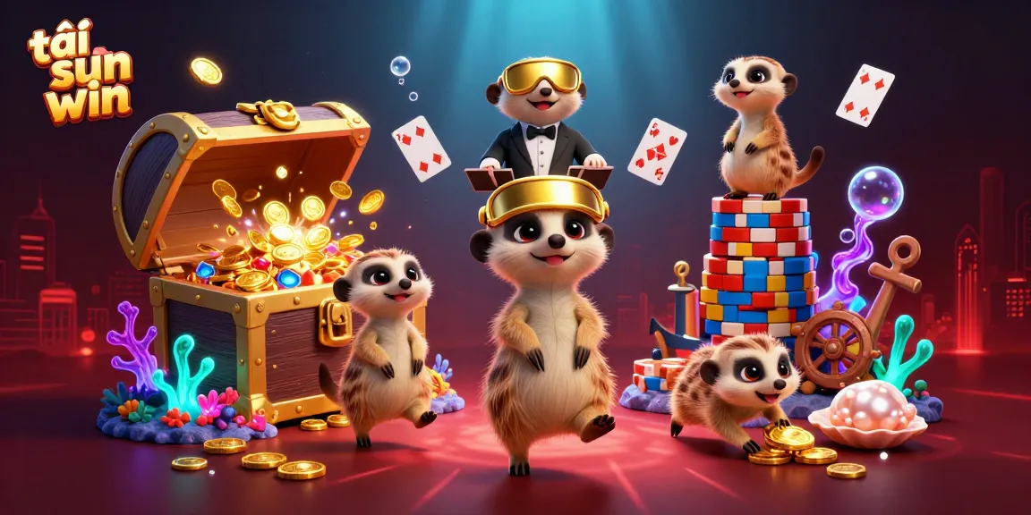 Play and win big with tải sun win in this vibrant casino scene featuring meerkats in action.