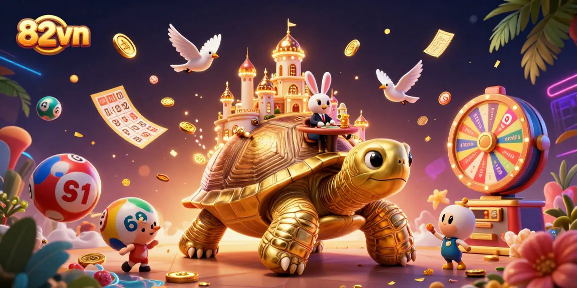Engage in gaming excitement at 82vn with a vibrant casino scene featuring a golden tortoise and lively dealer.