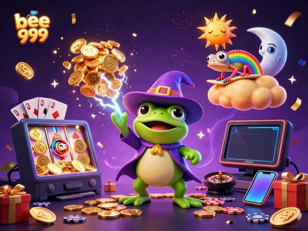 Experience the excitement of bee 999 with a dynamic 3D illustration of magical creatures and casino elements.