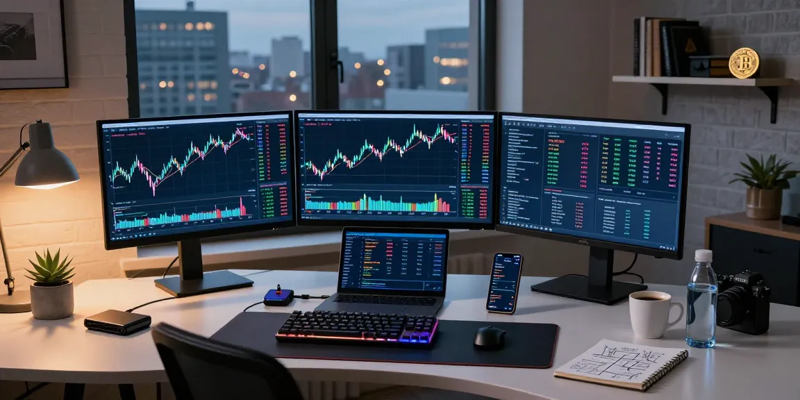 Play exchange cryptocurrency trading workspace with multiple charts and DeFi tools in a modern home office