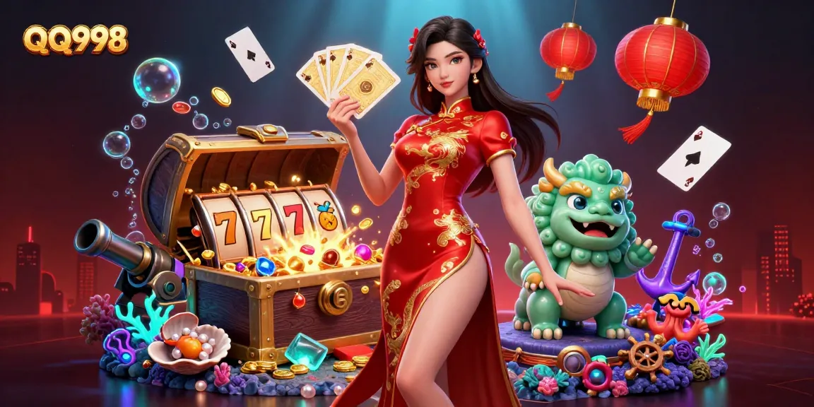 Experience thrilling gameplay on QQ998 with vibrant slots and unique characters in a captivating scene.