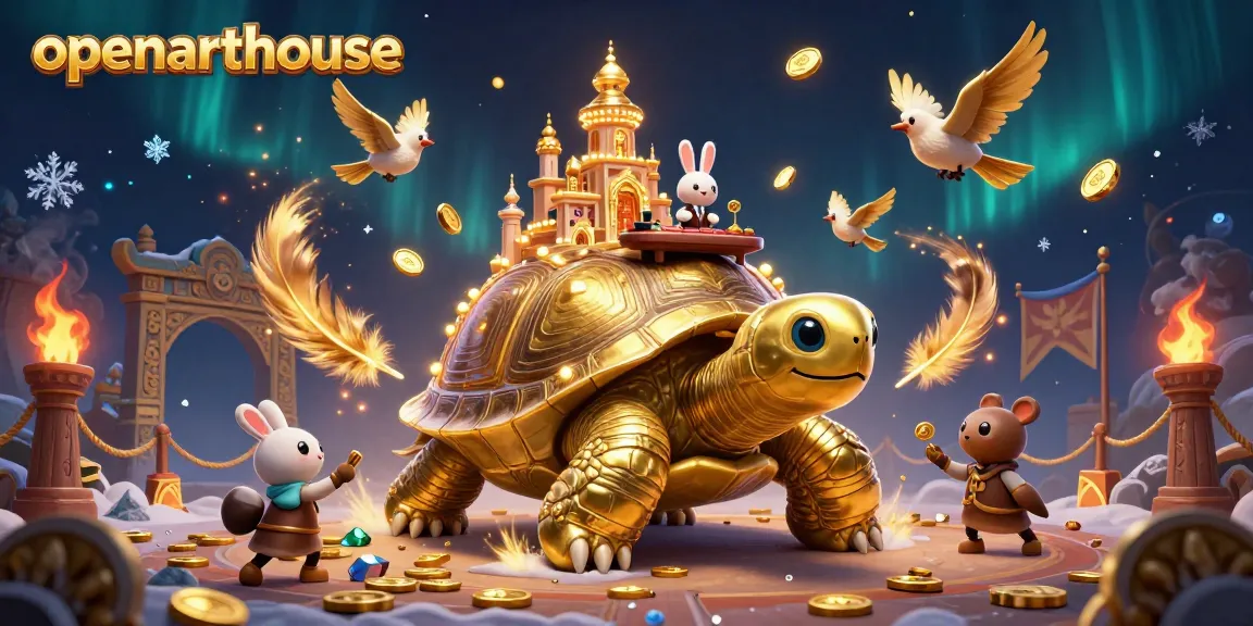 Spin for wins at openarthouse with a vibrant casino scene featuring a golden tortoise and a rabbit dealer.