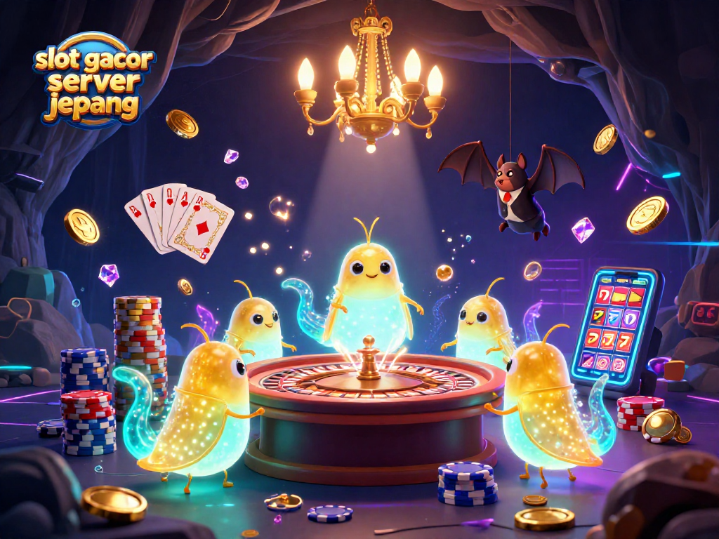 Spin the thrilling "slot gacor server jepang" with vibrant glowworms illuminating a dazzling cave casino scene filled with treasures.