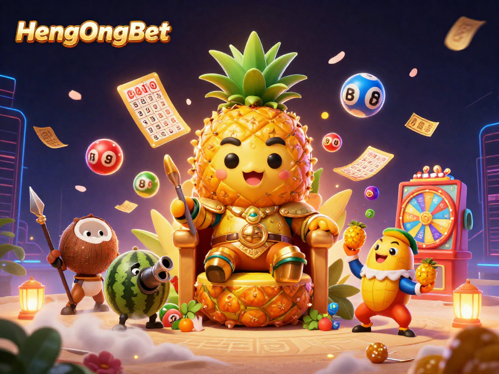 Engage in excitement with HengOngBet as the golden pineapple king rules a lively beach casino.