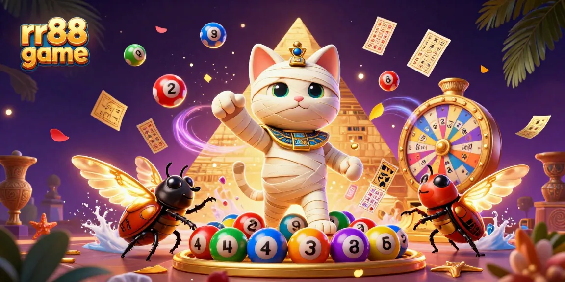 Experience the excitement of rr88 game through an Egyptian mummy cat bursting from a sarcophagus amidst vibrant casino elements.