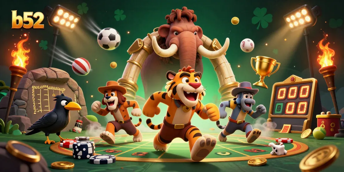 b52 casino illustration with a lively caveman and sabertooth tiger duo playing games amid sports elements.