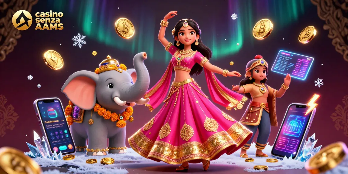 Vivi l'emozione dei casino senza AAMS con immagini vivaci di una scena ispirata a Bollywood e elementi cripto.
